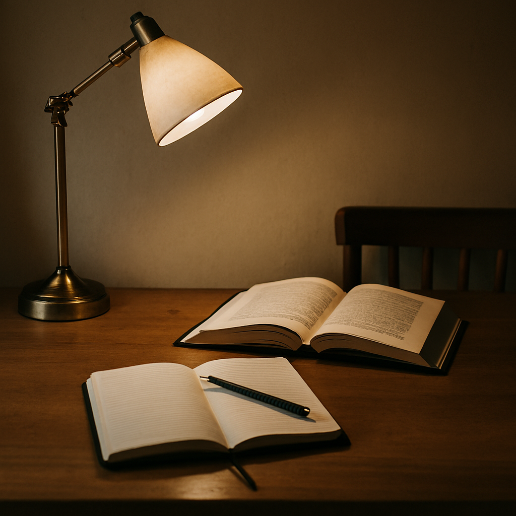 A quiet desk with a book and a cup of tea.